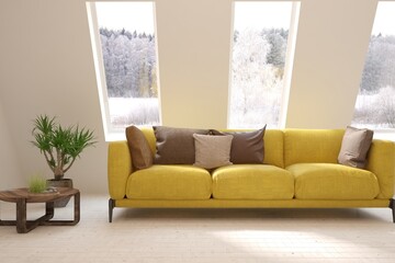 White living room with sofa and winter landscape in window. Scandinavian interior design. 3D illustration