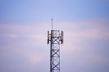 Telecommunication tower of 4G and 5G cellular. Antenna transmission communication. Cell phone signal base station.