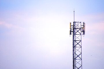 Telecommunication tower of 4G and 5G cellular. Antenna transmission communication. Cell phone signal base station.