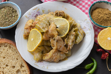 Lahana Sarma, Turkish traditional food,a boiled cabbage leaf that is formed into a roll with a stuffing of rice