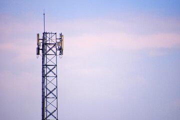 Telecommunication tower of 4G and 5G cellular. Antenna transmission communication. Cell phone signal base station.