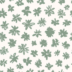 Sage green doodled flowers seamless repeat pattern. Random placed, vector botany plant all over surface print on white background.