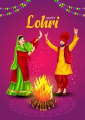 lohri creative design 2022 Happy Lohri festival of Punjab India background. vector illustration of couple playing lohri dance.