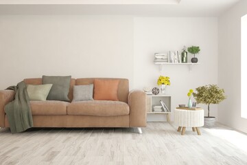 White living room with sofa. Scandinavian interior design. 3D illustration