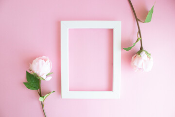Pink rose at corner of white frame, copy space, top view