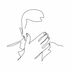 continuous drawing of a man covering his face with his hands, a concept of psychology. Despair, anxiety