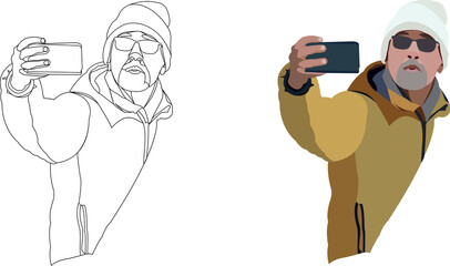 Male person does the selfi with the mobile phone -