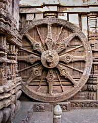 13th Century AD ,Ornately carved stone wheel on the ancient Surya Hindu Temple at Konark.