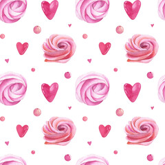 Watercolor seamless pattern with candy hearts and air marshmallows. The mood of celebration, romance and love for your designs. Perfect for wrapping paper, wallpapers, backgrounds and any other ideas 