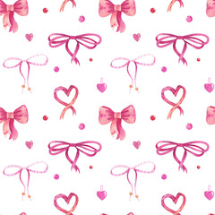 Watercolor seamless pattern with ribbon bows and hearts. Holiday mood, gifts and love for your designs. Perfect for wrapping paper, wallpapers, backgrounds and any other ideas you may have.
