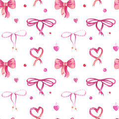 Watercolor seamless pattern with ribbon bows and hearts. Holiday mood, gifts and love for your designs. Perfect for wrapping paper, wallpapers, backgrounds and any other ideas you may have.