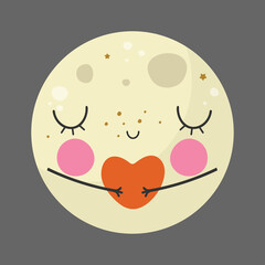 Cute moon holds the heart in his hands. Greeting card or poster for children's room, printing on the pack, wallpaper, printing on clothes or utensils. Characters. Vector illustration in cartoon style.