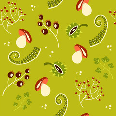 Seamless vector green autumn pattern with wild berries, mushrooms and fern. Textile seamless texture simple style