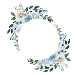 Watercolor Blue and Pink Roses Frame, Hand painted peony Wreath, Floral Round composition, Botanical illustration of blue and pink flowers, For wedding design, invitations, greetings, decoration