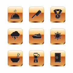 Set Covered with tray of food, Bowl chopsticks, Blender, Ship, Storm and Medal icon. Vector