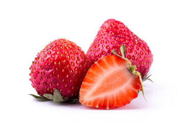Ripe sweet strawberries and strawberry sliced isolated on white background close up image.