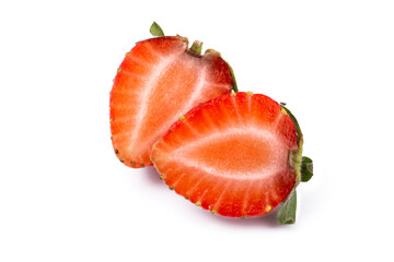 Ripe sweet strawberries and strawberry slices on wooden background with copy space.top view, flat lay.
