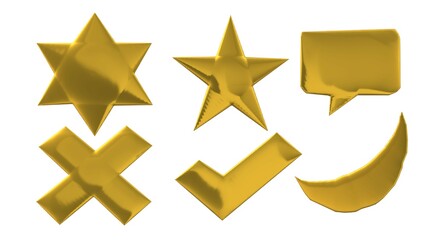 Golden star and moon symbol, 3D illustration on white background.