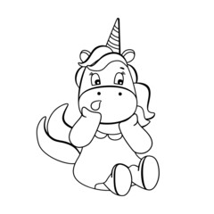 Funny unicorn coloring book. Cute surprised cartoon pony character in black and white style. For postcards, posters, book illustrations. Vector illustration in doodle style.