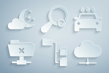 Set Folder tree, Car wash, FTP cancel operation, Network cloud connection, Unknown search and Cloud with moon and stars icon. Vector