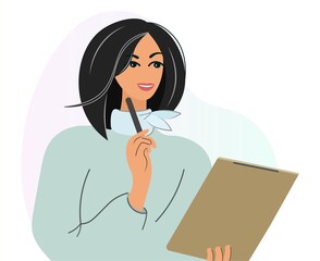 Dark-haired business woman or psychologist smiling while holding a pen or pencil and tablet in her hand. Nice girl is an office worker, or a freelance psychologist. Isolated vector cartoon flat style.