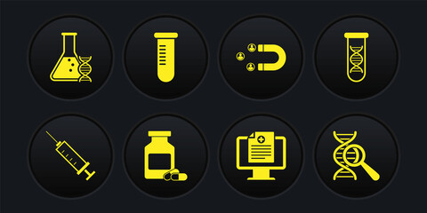 Set Syringe, DNA research, search, Medicine bottle and pills, Clinical record on monitor, Customer attracting and Test tube flask icon. Vector