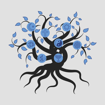 Tree with leaves and roots with religious symbols vector illustration
