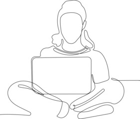 Continuous line drawing of a woman using laptopsitting in office or home workplace. Vector illustration