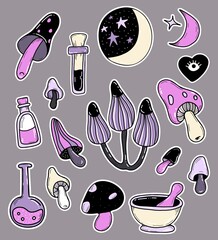 Vector set of witchcraft stickers. Bottles and flasks with potions and love spells, magic mushrooms and witchs amulets, the moon with stars and mortar. Isolated illustration