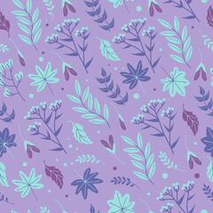 Flowers and herbs. Seamless pastoral rustic pattern. Bright summer, spring illustration, boho style. Trendy purple, Very Peri. For clothing, wallpaper, printing on fabric, wrapping