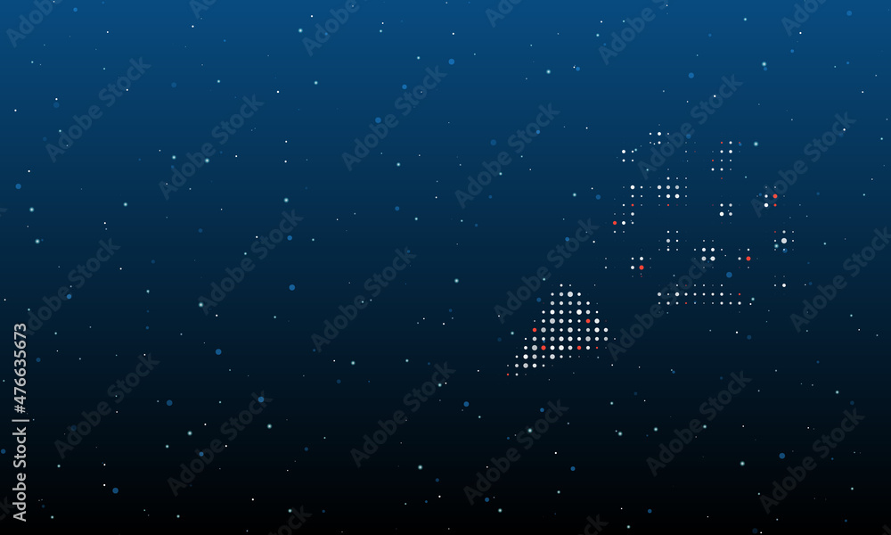 Poster On the right is the exploding party popper symbol filled with white dots. Background pattern from dots and circles of different shades. Vector illustration on blue background with stars