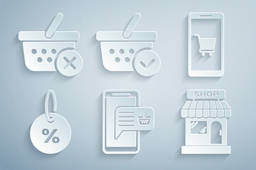 Set Mobile and shopping basket, cart, Discount percent tag, Market store, Shopping with check mark and Remove icon. Vector