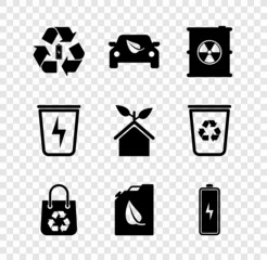 Set Battery with recycle, Eco car drive leaf, Radioactive waste in barrel, Shopping bag, Bio fuel canister, Lightning trash and friendly house icon. Vector