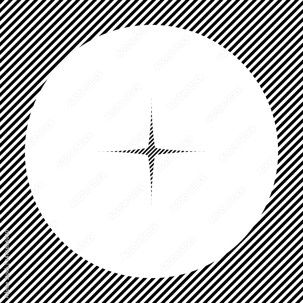 Poster a large abstract star symbol in the center as a hatch of black lines on a white circle. interlaced e