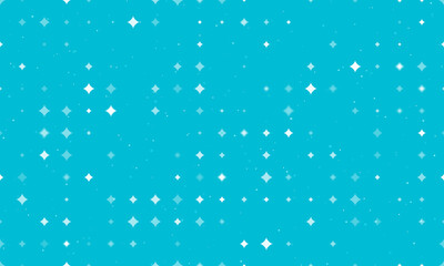 Seamless background pattern of evenly spaced white star symbols of different sizes and opacity. Vector illustration on cyan background with stars