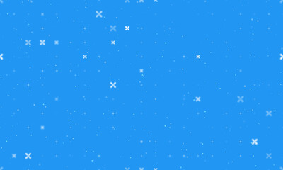 Seamless background pattern of evenly spaced white abstract star symbols of different sizes and opacity. Vector illustration on blue background with stars