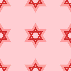 Seamless pattern of large isolated red star of David symbols. The elements are evenly spaced. Vector illustration on light red background