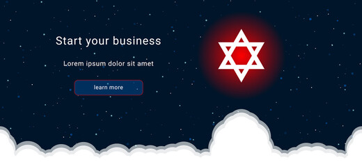 Business startup concept Landing page screen. The star of David symbol on the right is highlighted in bright red. Vector illustration on dark blue background with stars and curly clouds from below