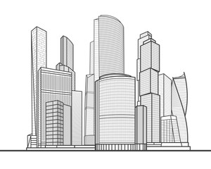 Obraz premium Modern town. Urban city complex. Business center. Infrastructure outlines illustration. Black lines on white background. Vector design art 