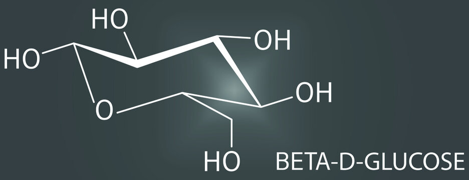Glucose, dextrose or grape sugar molecule. Beta-D-glucopyranose form. Skeletal formula.
