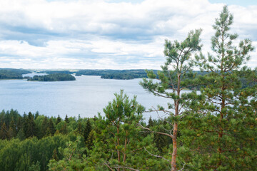 Fototapeta na wymiar Beautiful view to the lake Pyhajarvi from mountain Hiidenvuori on island Hiidensaari, Finland