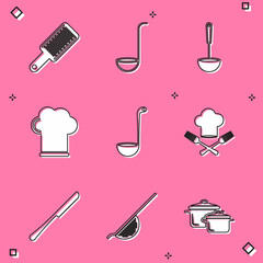 Set Grater, Kitchen ladle, Chef hat, and fork, Knife and colander icon. Vector