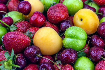 Ripe strawberry, apricot, cherry, green plum with water drops. Fresh Summer fruit background close up image.