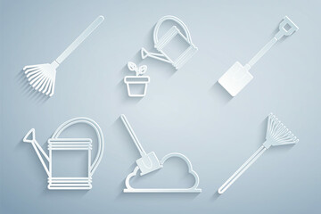 Set Shovel in the ground, Garden shovel, Watering can, rake for leaves, and icon. Vector
