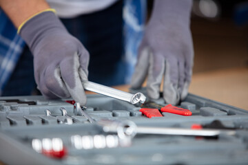 set of tools for repair in car service close up