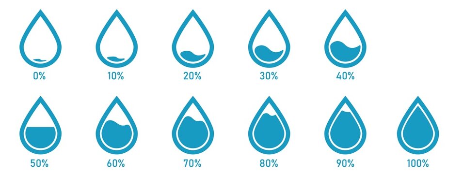 Blue Water Droplet Level Gradient Chart Bars Template. 10% To 100% Percent Number Text. Flat Design Interface Illustration Infochart Infographic Elements For Ads App Ui Ux Web Banner Vector