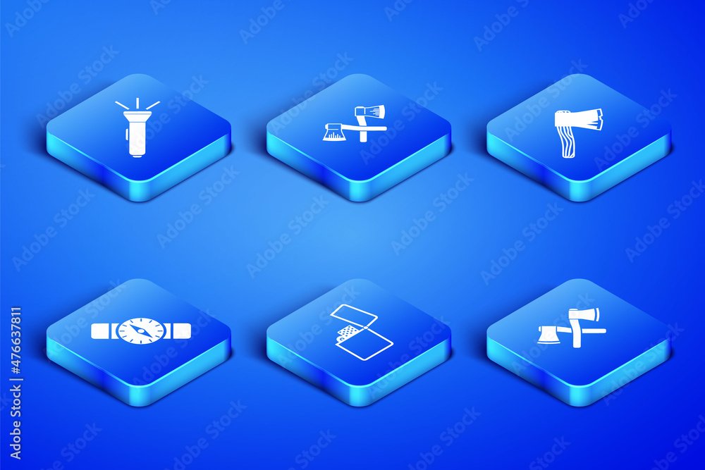 Sticker Set Crossed wooden axe, Flashlight, Lighter, Compass, and Old icon. Vector