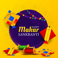 happy makar sankranti festival template with creative kites illustration - obrazy, fototapety, plakaty
