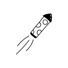 Hand drawn cartoon illustration of outline exploding party rocket firework. Cute doodle simple missile line art. Flat vector pyrotechnics, festive sticker, icon or print. Isolated.