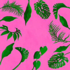 Ilustracja motyw roślinny zielone liście na różowym tle - obrazy, fototapety, plakaty